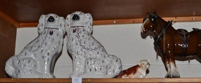 Lot 332 - A pair of Staffordshire pottery dogs with lustre decoration, a shire horse model and a cow model