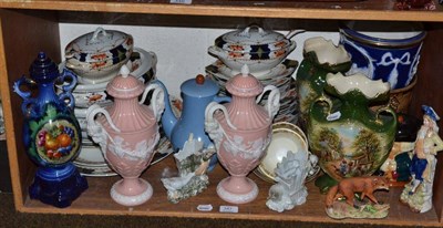 Lot 347 - A shelf of decorative ceramics and glass including a pair of Royal Worcester style pink and...