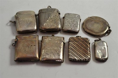 Lot 356 - Eight various silver vesta cases including a circular example engraved RCT