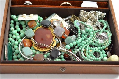 Lot 359 - Box of costume jewellery, 18ct diamond ring, green beads, etc