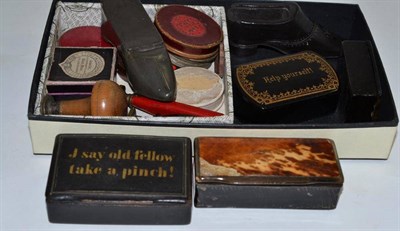 Lot 363 - Four papier mache snuff boxes, a wood snuff shoe, a pewter snuff boot, three small hand seals...