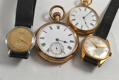 Lot 365 - A lady's fob watch with case stamped ";10c";, plated pocket watch and two gentleman's wristwatches