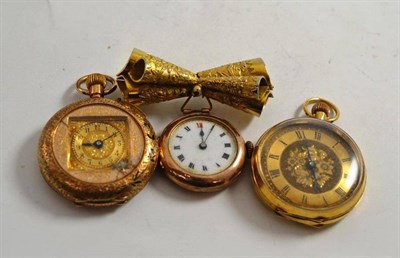 Lot 367 - An 18ct gold fob watch, another fob watch case stamped 14K and a brooch watch with case stamped 375