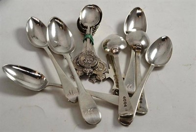 Lot 368 - Six silver teaspoons, a Scottish silver teaspoon, six coffee spoons and a silver key