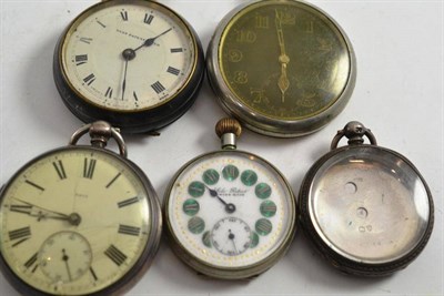 Lot 371 - A silver pocket watch, gun metal pocket watch, two plated pocket watches and a silver fob watch...