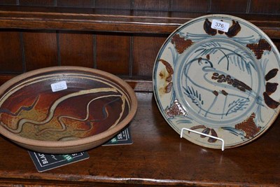 Lot 376 - A Seth Cardew stoneware platter decorated with a bird; another Studio Pottery stoneware bowl