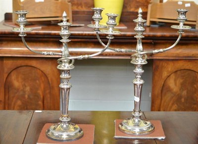 Lot 379 - A pair of plated on copper two branch three light candelabra