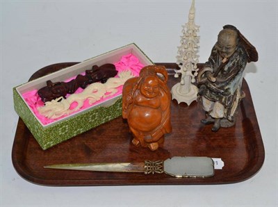 Lot 387 - Letter opener, carved ivory temple, carved dragon on stand, Japanese pottery figure etc