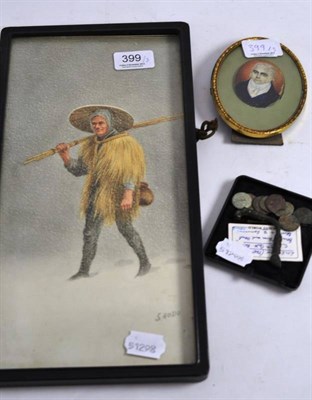 Lot 399 - An early bronze arm and hand brooch, various early coins, a miniature portrait of a gentleman,...