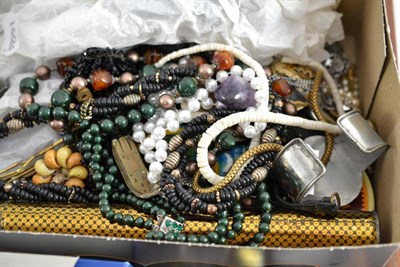 Lot 401 - A box of costume jewellery, including beads, bangles, hat pins, etc