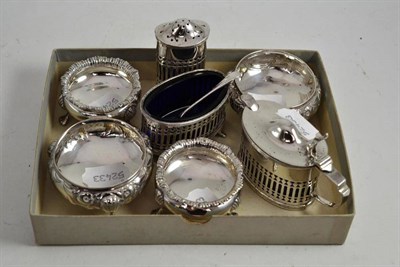 Lot 402 - Two pairs of salts and a three piece condiment set