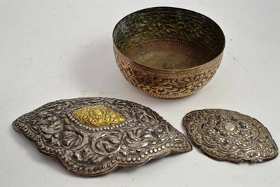 Lot 404 - Two Eastern silver buckles and a silver bowl