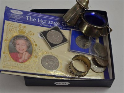 Lot 405 - Silver coins, silver condiments and a serviette ring