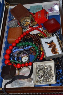 Lot 412 - Oak canteen including assorted costume jewellery, wristwatches, two gold rings etc