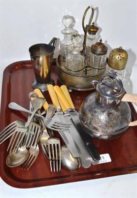 Lot 421 - Quantity of white metal cutlery and five bone handled knives, sugar shaker, cruet set, white...