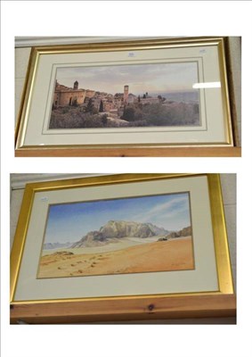 Lot 429 - Lyne R Moore watercolour - dessert scene and a framed photograph Assise hillside