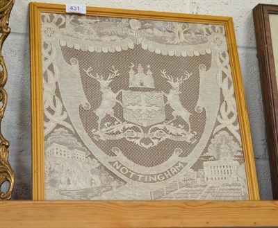 Lot 431 - Nottingham lace framed panel with coat of arms