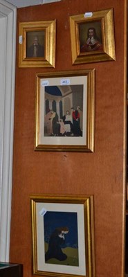 Lot 443 - Two felt pictures, later framed, two 19th century miniature portraits (4)