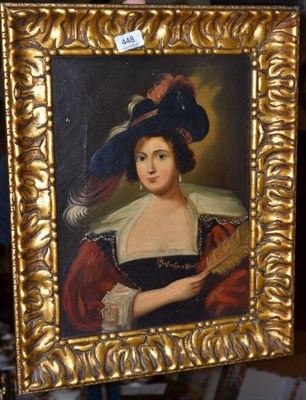 Lot 448 - A gilt framed oil on canvas, depicting a lady in 18th century dress