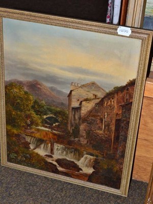 Lot 449 - Oil painting of mill at Ambleside with boy fishing signed by W.W. Banner 1880 Walter Westwood...