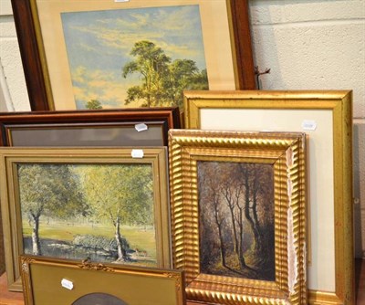 Lot 456 - Gilt framed oil - woodland scene; colour print - ";Golden Eve";; framed sketch - ";Girl...