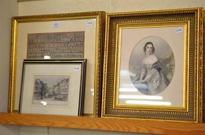 Lot 461 - Two needlework samplers by Mary and Barbara Clarkson, a pair of gilt framed coloured portrait...