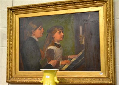 Lot 471 - Large gilt framed oil painting, ";The Piano Lesson"; signed C J Durham 1880