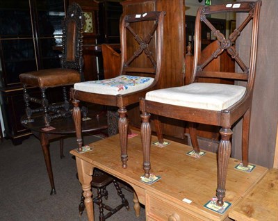 Lot 507 - A pair of 19th century cross splat dining chairs, an oak spinning chair and an oak hall chair