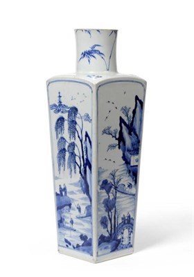Lot 147 - A Chinese Porcelain Square Section Vase, Kangxi, with cylindrical neck, painted in underglaze...