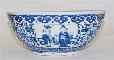 Lot 152 - A Chinese Porcelain Punch Bowl, 19th century, painted in underglaze blue with figures in...
