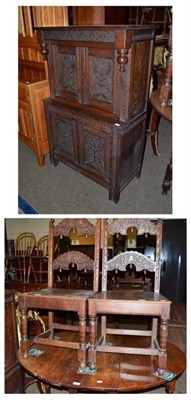 Lot 591 - A 17th century style small oak court cupboard and a pair of Yorkshire style oak chairs