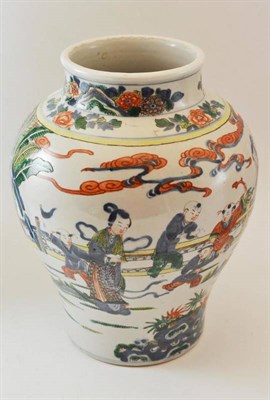 Lot 154 - A Chinese Wucai Porcelain Jar, in 17th century style, of baluster form, painted with a...