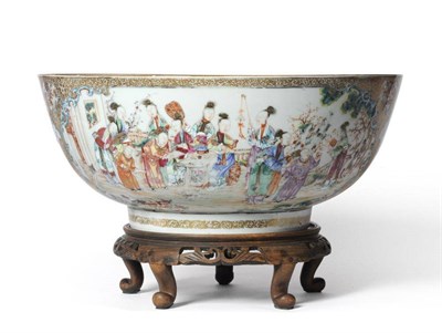 Lot 159 - A Chinese Porcelain Punch Bowl, Qianlong, painted in famille rose enamels with courtly figures...