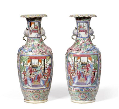 Lot 167 - A Pair of Cantonese Porcelain Vases, mid 19th century, of baluster form, the trumpet necks...