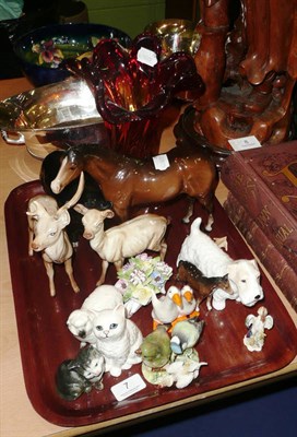 Lot 7 - Beswick including horse, Aberdeen Angus bull, stag and doe etc (damages), red glass vase and...