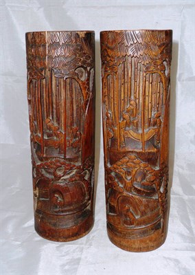 Lot 31 - Pair of carved bamboo tall pots