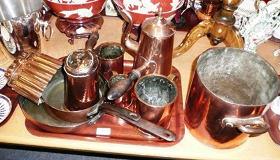 Lot 42 - Quantity of copper, jelly moulds, measures, Georgian copper coffee pot etc