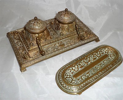 Lot 45 - Brass double inkstand dish and pen tray