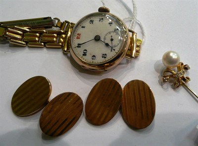 Lot 86 - A pair of 9ct gold cufflinks, a lady's wristwatch and a cultured pearl stick pin