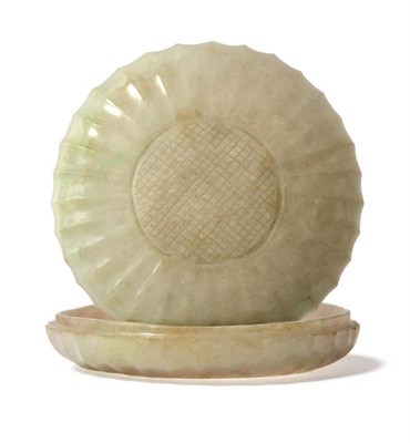 Lot 191 - A Chinese Jade Circular Box and Cover, Qing Dynasty, of fluted form with central hatched panel,...