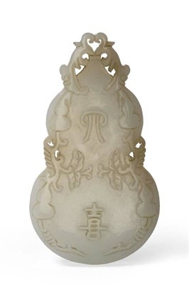 Lot 195 - A Chinese Pale Celadon Jade Pendant, Qing Dynasty, of flattened double gourd form with foliate...