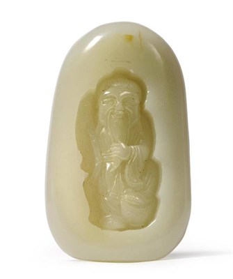 Lot 199 - A Chinese Jade Boulder, of flattened ovoid form, carved with a sage holding a staff, 11.5cm high