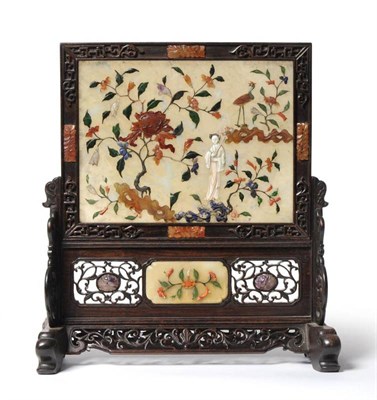 Lot 206 - A Chinese Hardstone and Hardwood Table Screen, 19th century, the rectangular panel inlaid with...