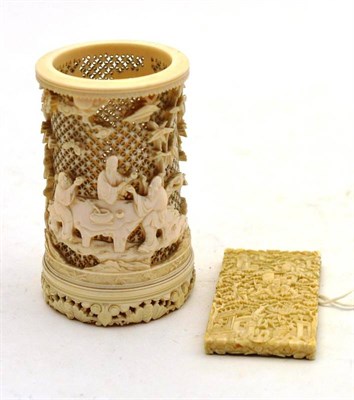 Lot 208 - A Cantonese Ivory Spill Vase, late 19th/early 20th century, of cylindrical form, carved with a...
