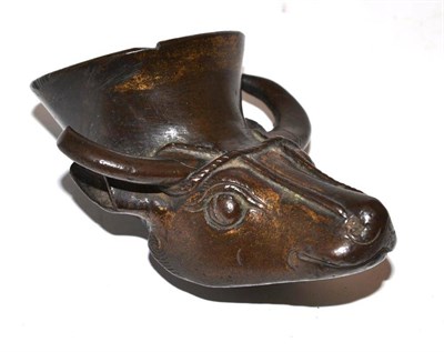 Lot 223 - A Chinese Bronze Rhyton, Qing Dynasty, in the form of an ox head, 11.5cm long  Similar to an...