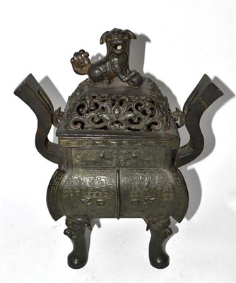 Lot 224 - A Chinese Bronze Censer and Pierced Cover, in Archaic style, with dog of fo finial, the...