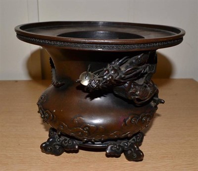 Lot 227 - A Chinese Bronze Censer, 19th century, of baluster form, applied with a dragon holding a glass...