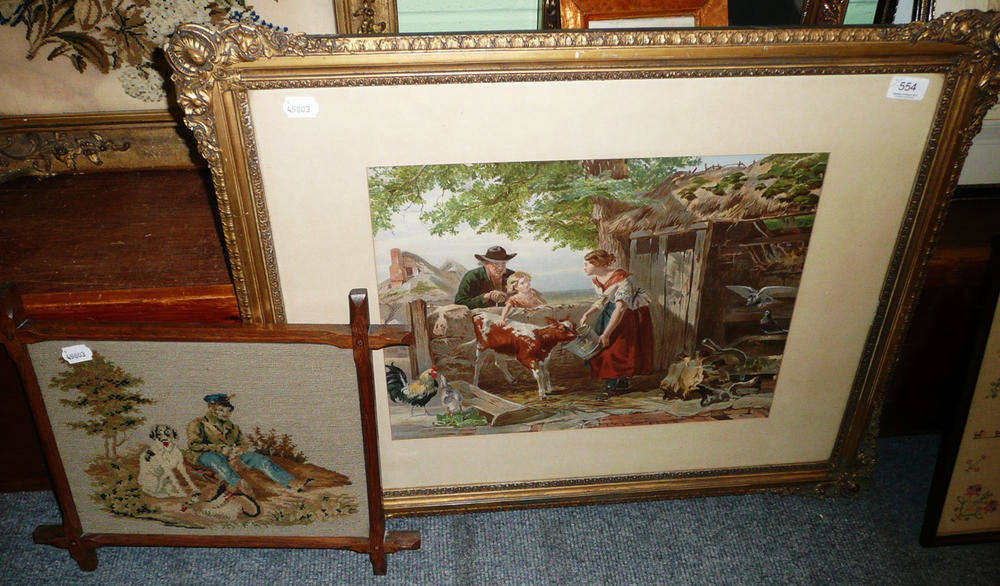 Lot 554 - Victorian lithograph farm scene and a framed woolwork picture
