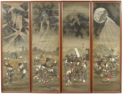 Lot 245 - Japanese School (20th century) Oni attacking fleeing figures Watercolour and bodycolour on...