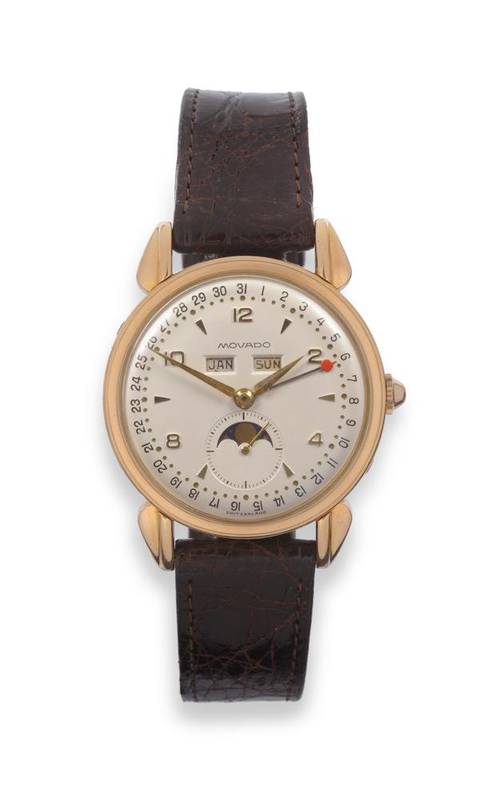 Lot 249 - An 18ct Gold Triple Calendar Moonphase Wristwatch, signed Movado, ref: 4920, circa 1950,...